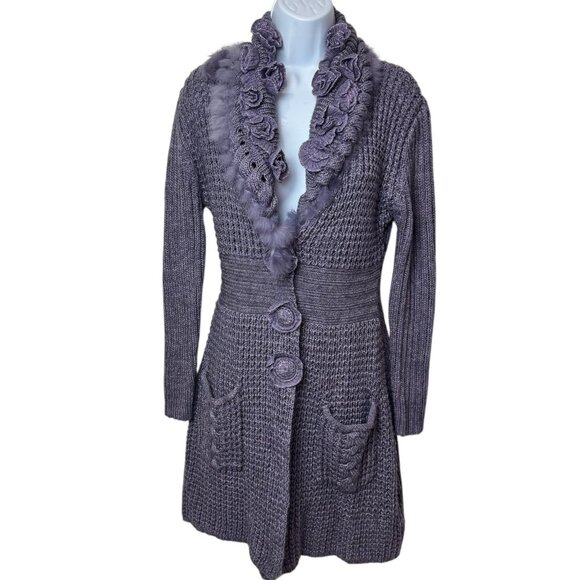 Sioni Purple Wool Blend Rabbit Fur Trim Floral Cozy Knit Cardigan Holiday M - Picture 2 of 12